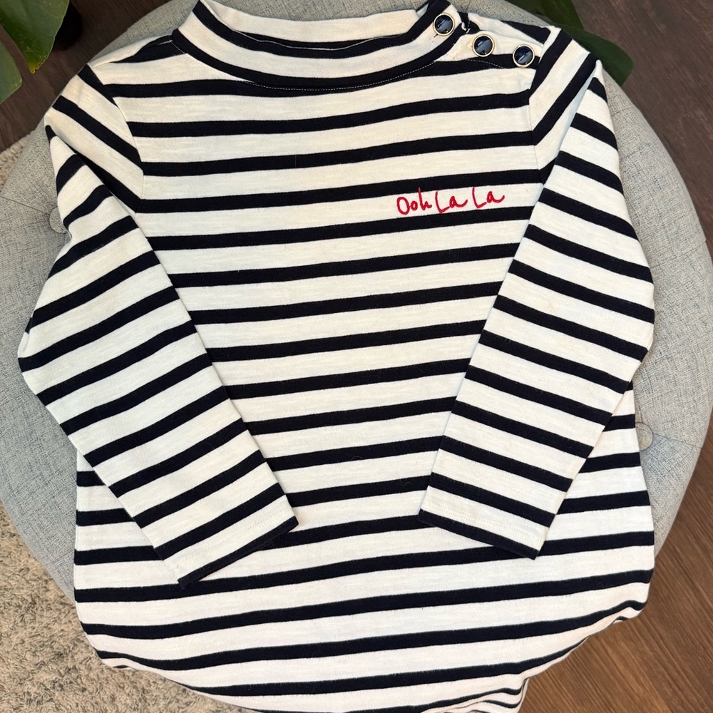 TALBOTS MOCKNECK BUTTON SHOULDER TEE STRIPE OHH LALA NAVY BLUE WHITE SIZE MEDIUM - Picture 2 of 7